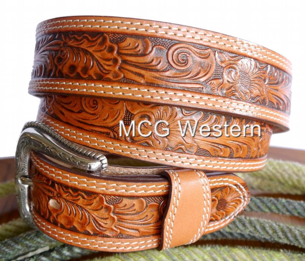 Nocona Western Mens Belt Leather Tooled Floral | eBay
