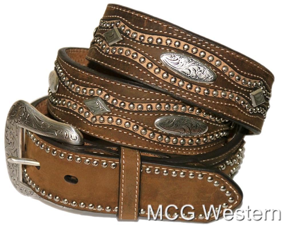 Nocona Western Mens Belt Leather Studs Diamond Conchos Brown N2487444 | eBay