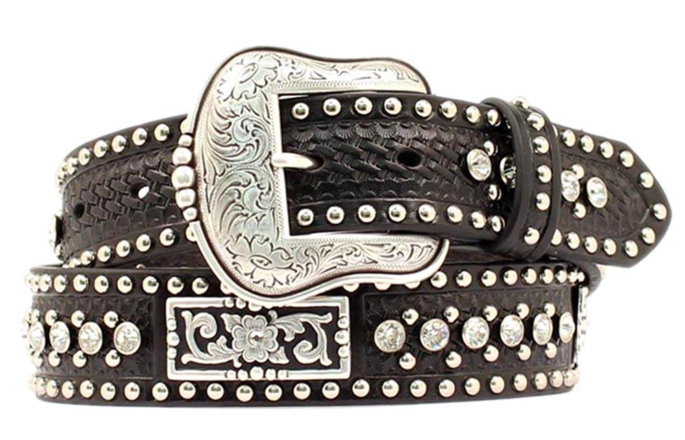 Nocona Western Mens Belt Leather Tooled Rhinestones Black N2505401 eBay