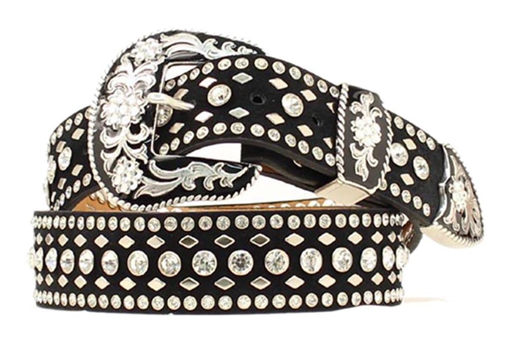 women's black leather belts Nocona Western Belt Womens Rhinestone Studded Suede Leather Black N3432601 | eBay