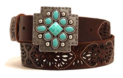 Ariat Western Womens Belt Leather Cross Turquoise Buckle Brown A1516402 | eBay