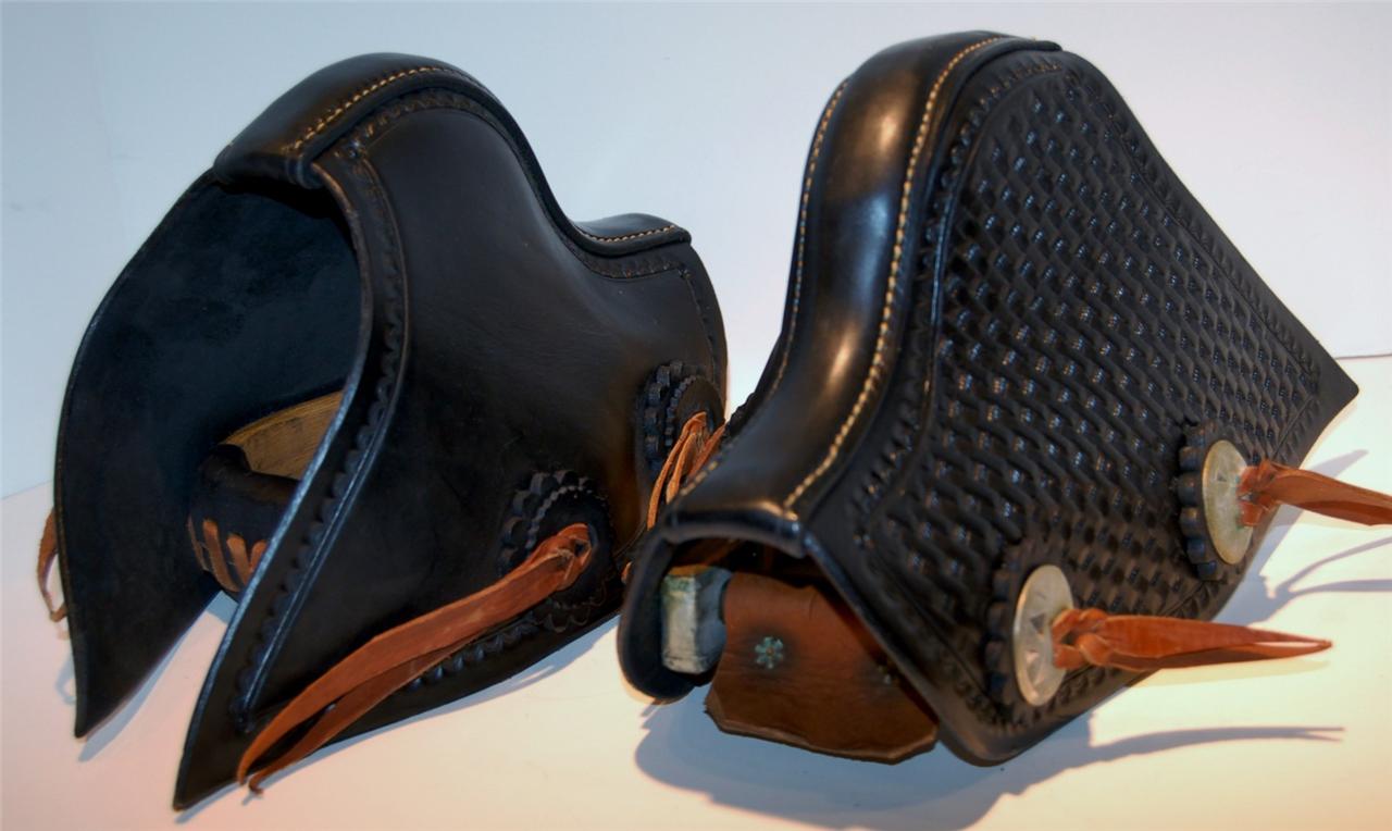 Long Leather Tapadero Saddle Stirrups Black Heavy Leather Decorative Wood