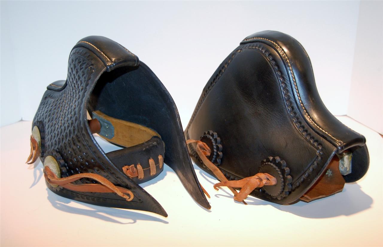 Long Leather Tapadero Saddle Stirrups Black Heavy Leather Decorative Wood