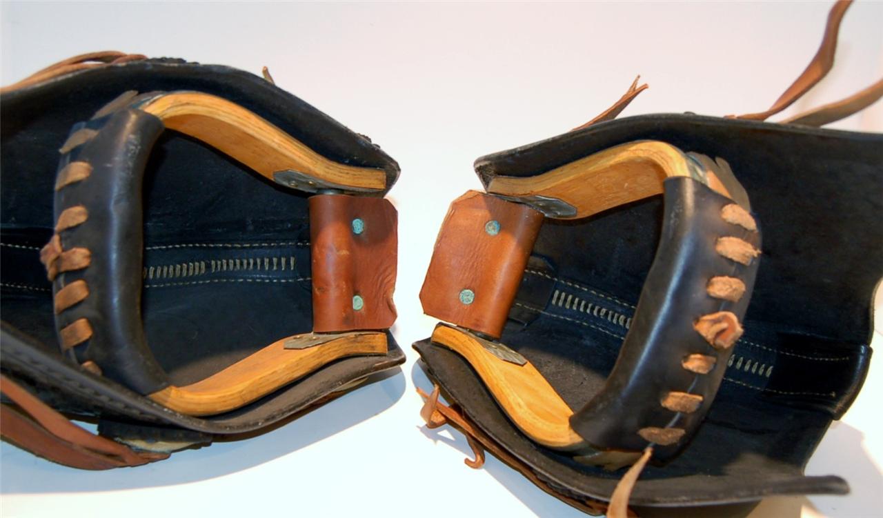 Long Leather Tapadero Saddle Stirrups Black Heavy Leather Decorative Wood
