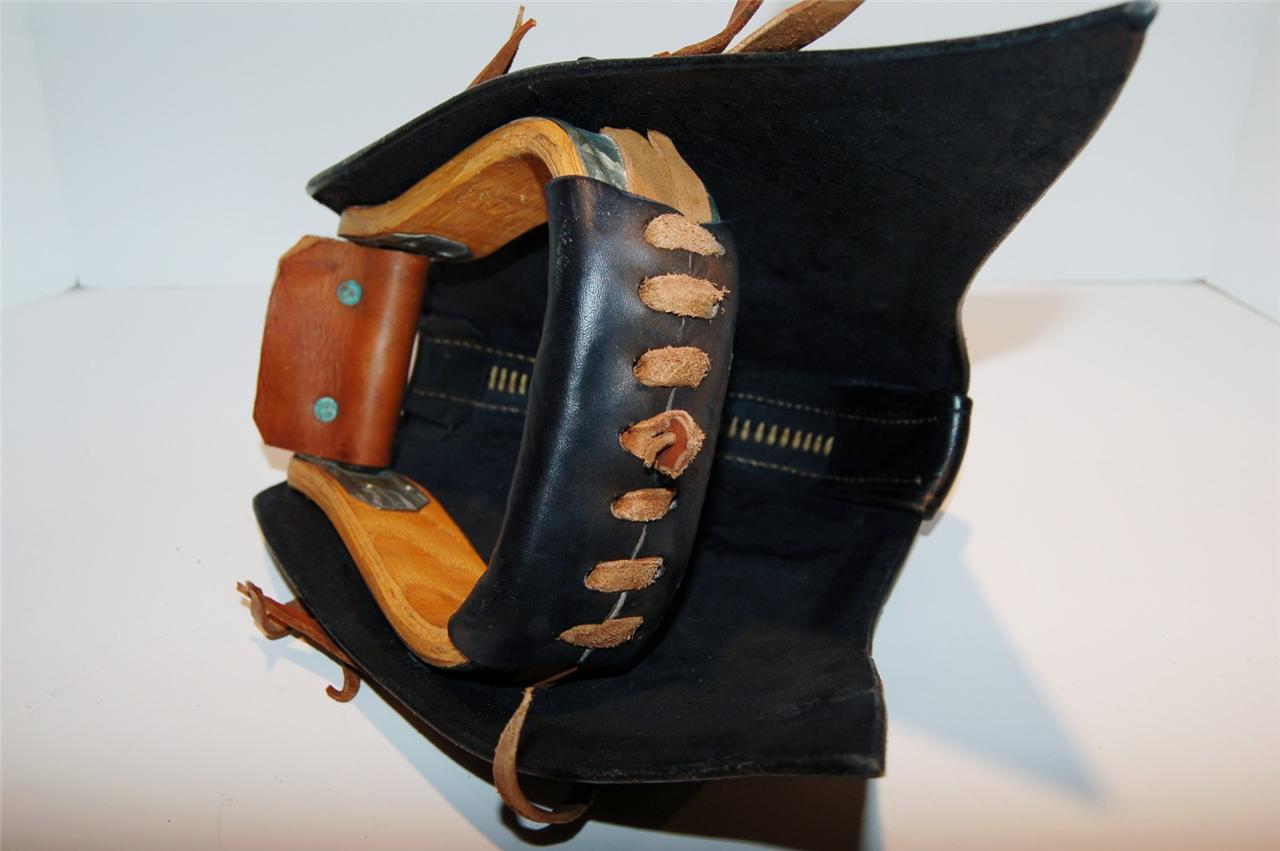 Long Leather Tapadero Saddle Stirrups Black Heavy Leather Decorative Wood