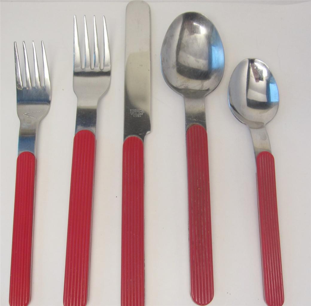 Crown Corning Retro vintage Stainless Flatware RED Handle Korea 5p