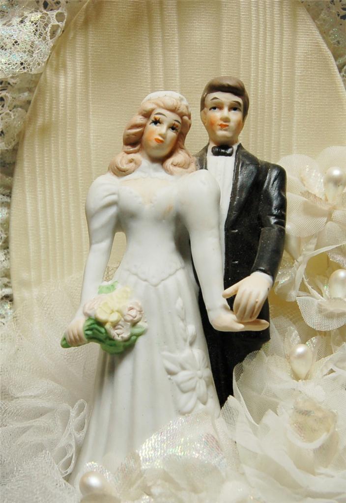 Wedding Cake Topper Vintage Bride Groom Porcelain Figures 12" Tall 1970