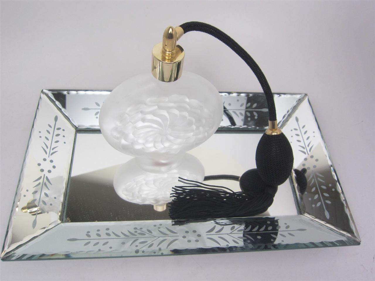 Vintage Glass IRICE Perfume Atomizer Bottle Floral + Etch Mirror