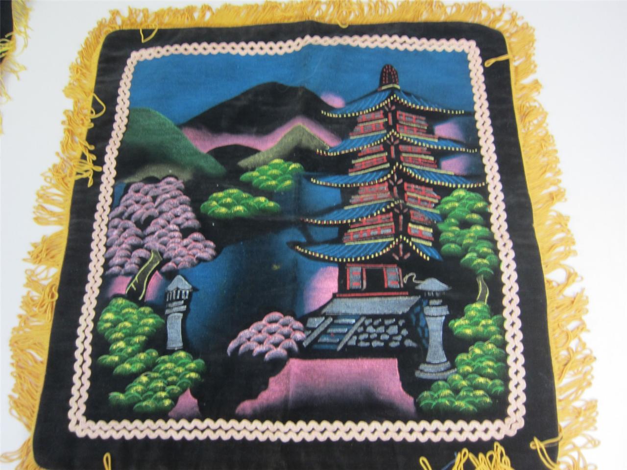Vintage 1960's Velvet Painted Souvenir Pillow Cover Asian Pagoda