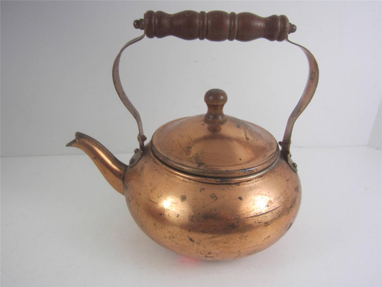Antique Vintage Copper Tea Kettle Pot Decorative 2 cup Small Size Wood