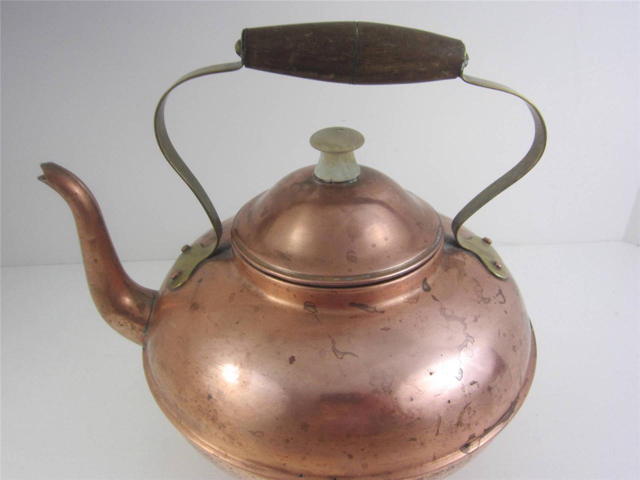 Antique Vintage Copper Tea Kettle Pot Made in Portugal, Brass Wood