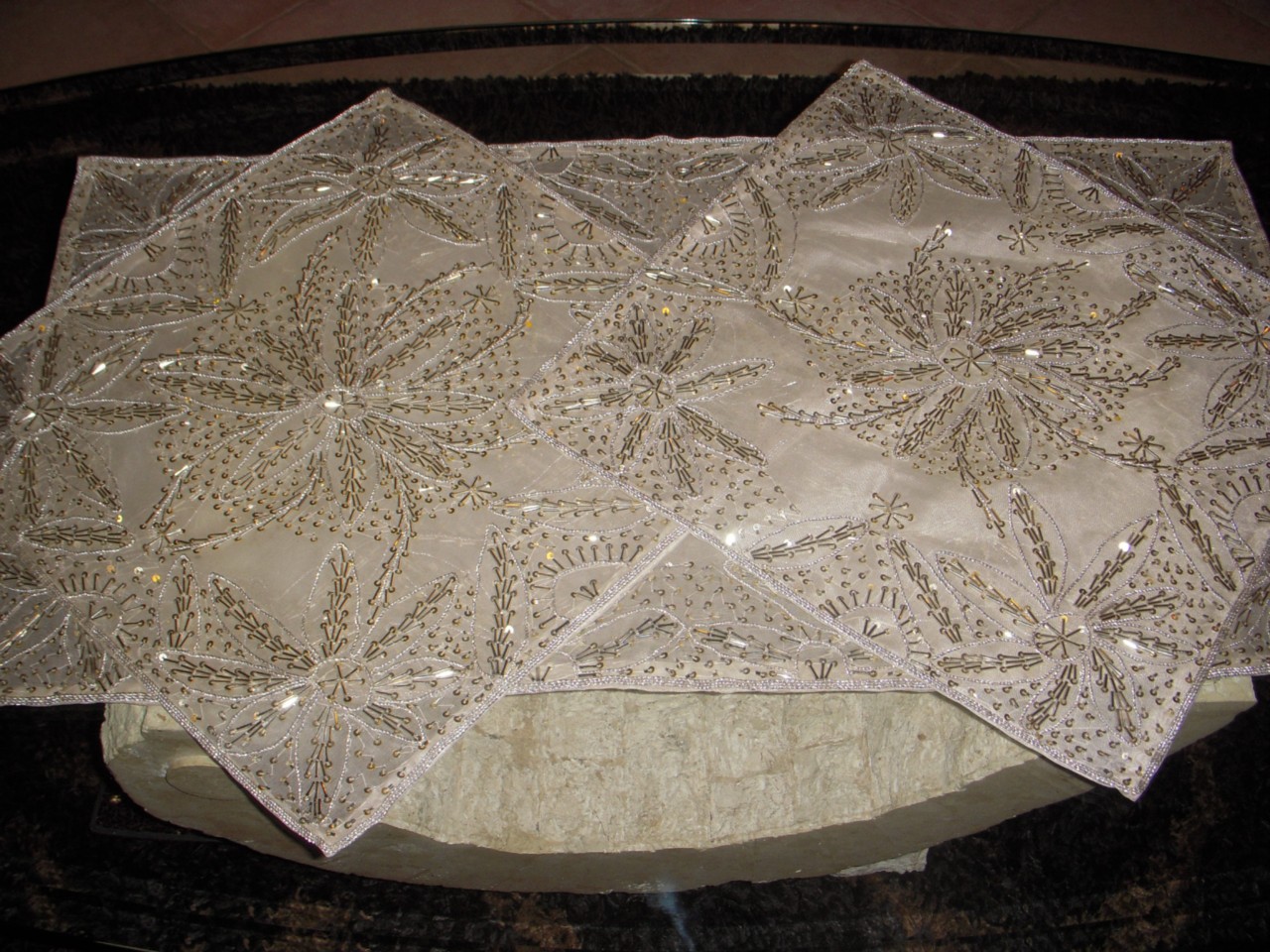 3 PIECE SET Heavy White& Sliver Hand beaded Table/Coffee table Runner