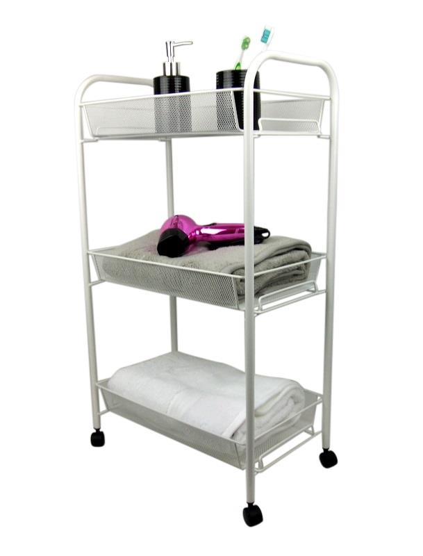 White Bathroom Storage Trolley 3 Tier Toiletry Linen Cart Metal Stand