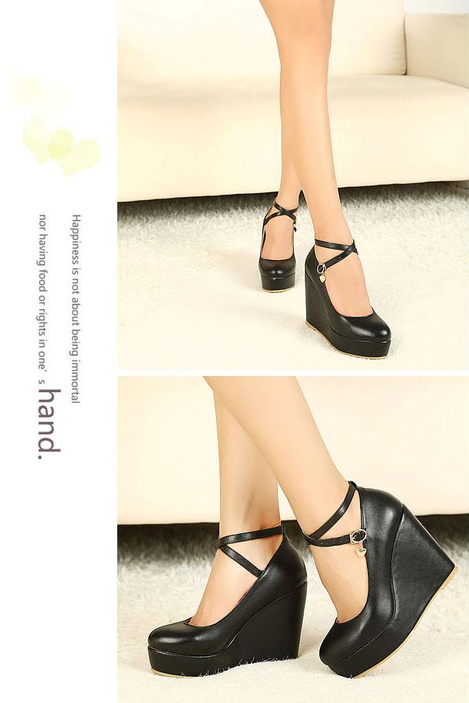 Womens Platform Pump Wedge High Heels Ankle Strap Buckle Shoes Black