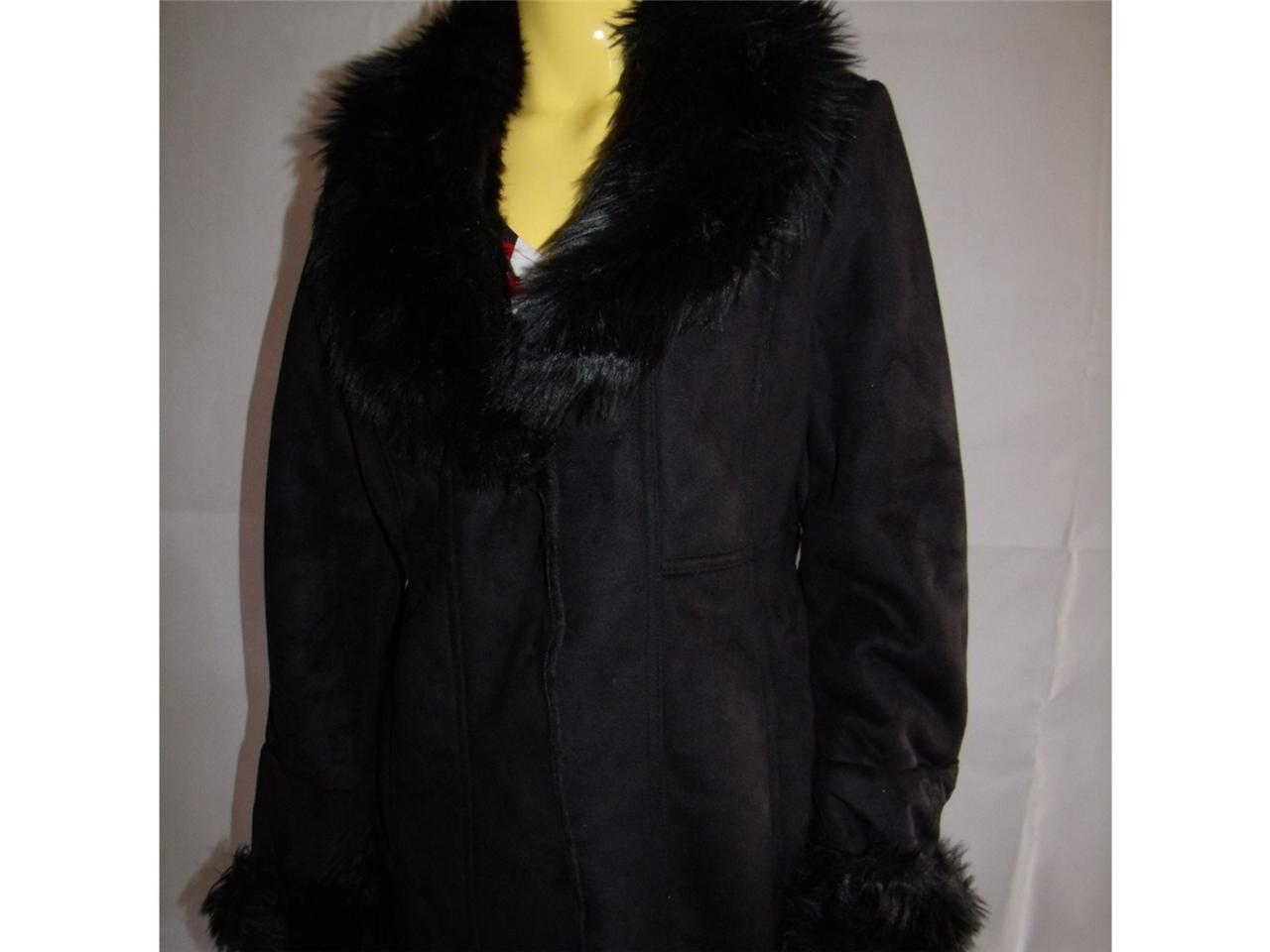 New Womens Ladies Winter Coat Black Faux Fur Collar Suede Effect Size 10-24 UK