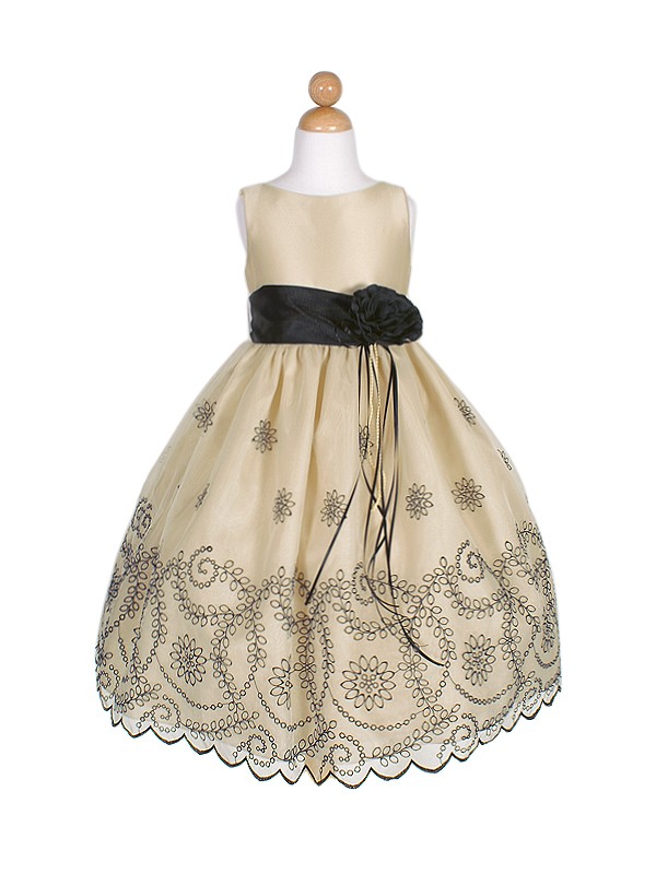 Champagne with Black Embroidered Flower Girl Dress size 2 4 6 8 10 12