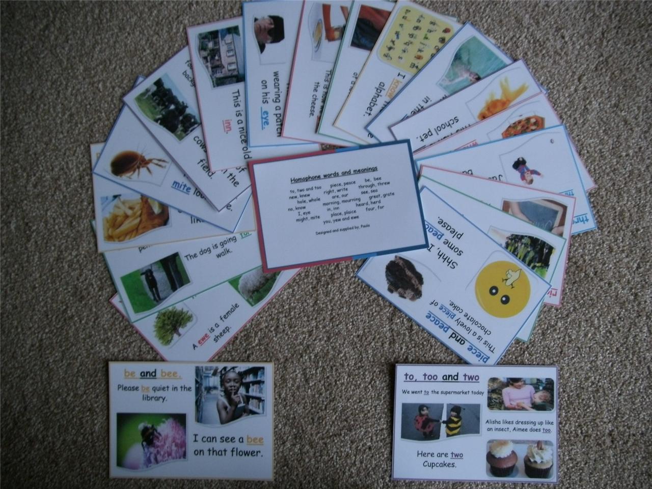 Homophone words & meanings flash cards / posters. Total of 19 words