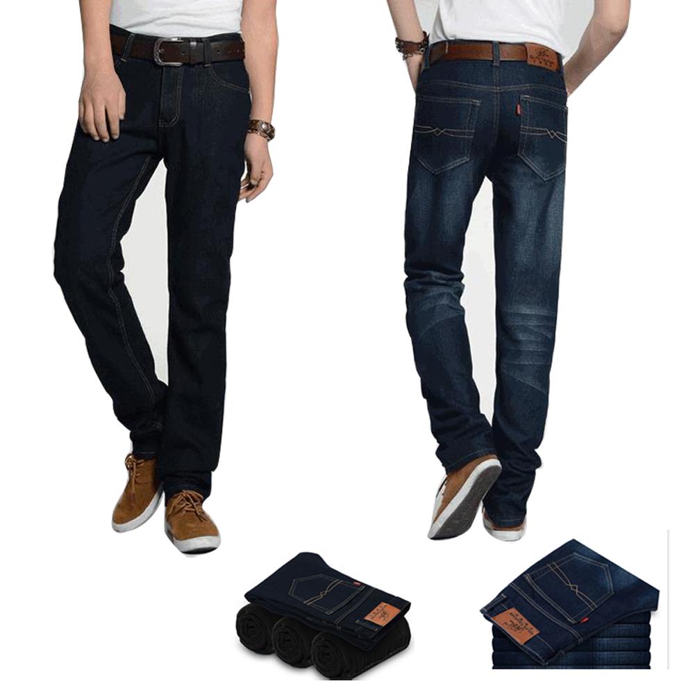 Men Classic Straight Slim Fit Fleece Lined Thick Jeans Biker Denim