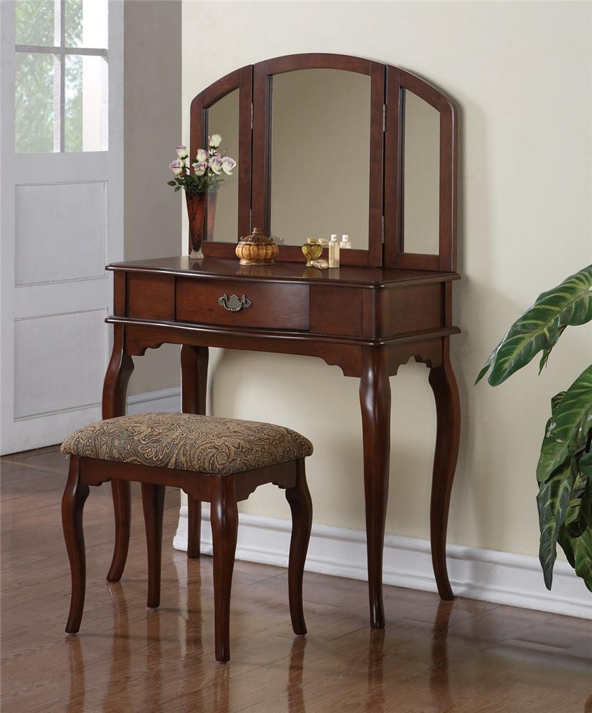 QUEEN ANNE VANITY MAKEUP TABLE SET & STOOL TRIFOLD MIRROR Free
