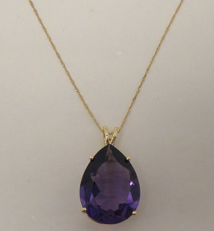 LARGE SOLID 14K YELLOW GOLD GENUINE AMETHYST PEAR SHAPE PENDANT