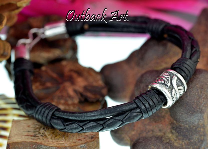 2B817 Solid Sterling Silver & Leather Feather Bangle Wristband Men