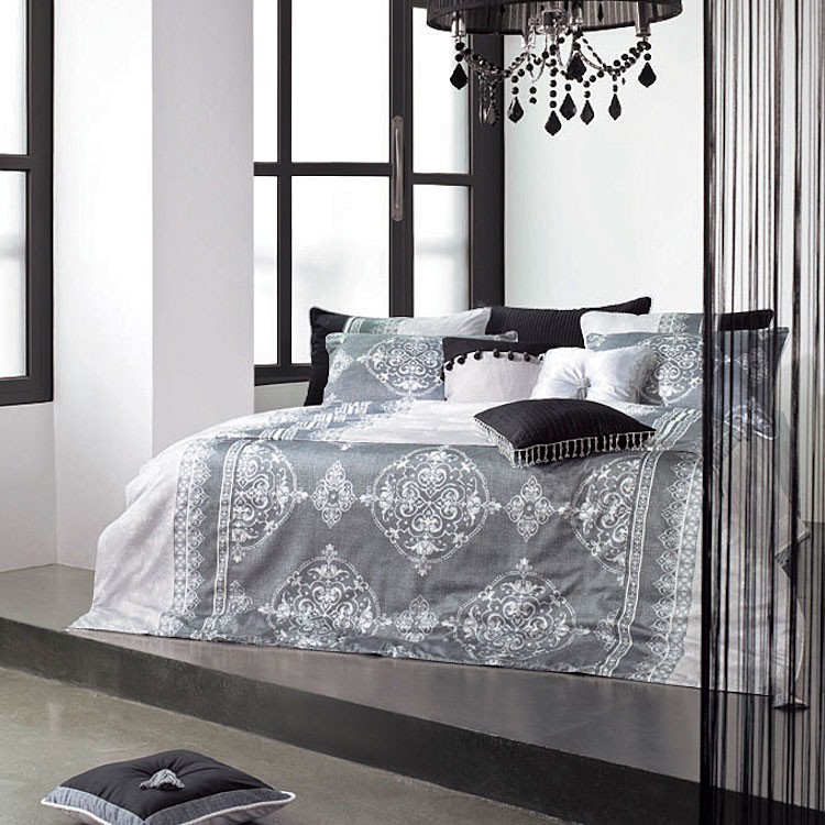 1100TC GRAY & WHITE DAMASK JACQUARD QUEEN DUVET COVER SET
