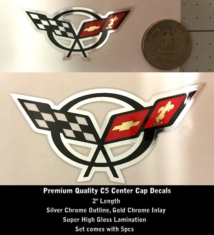 C5 Z06 Corvette Wheel Center Cap Decal 2" SET 5pcs Chrome & Gold Inlay