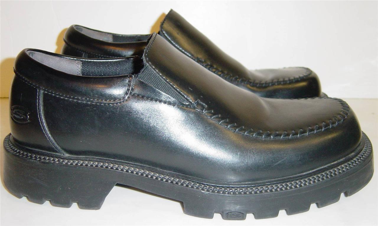 Skechers Men's Smooth Black Chunky Leather Loafer Loafers Shoes Slipon