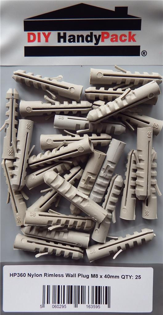 DIY HandyPack Nylon Rimless Expansion Wall Plugs 5mm 6mm 8mm 10mm