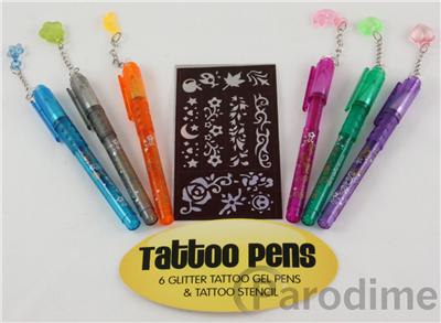 6 Kids Glitter Temporary Tattoo Gel Pens And Stencil Kit ...