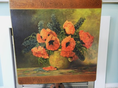 Antique Vintage Tilt Top Wood Table w Max Streckenbach "Poppies" Print 