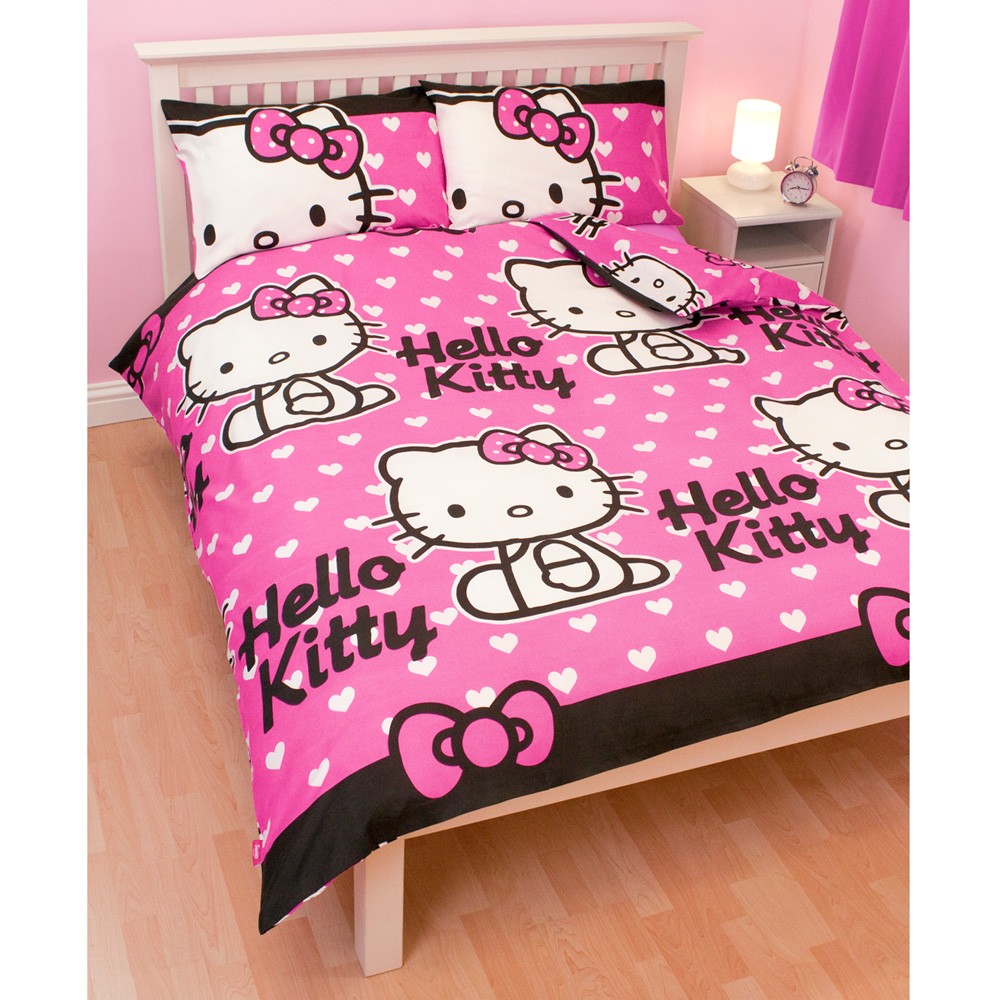 HELLO KITTY 'HEARTS' DOUBLE DUVET COVER & PILLOWCASE SET ROTARY BEDDING