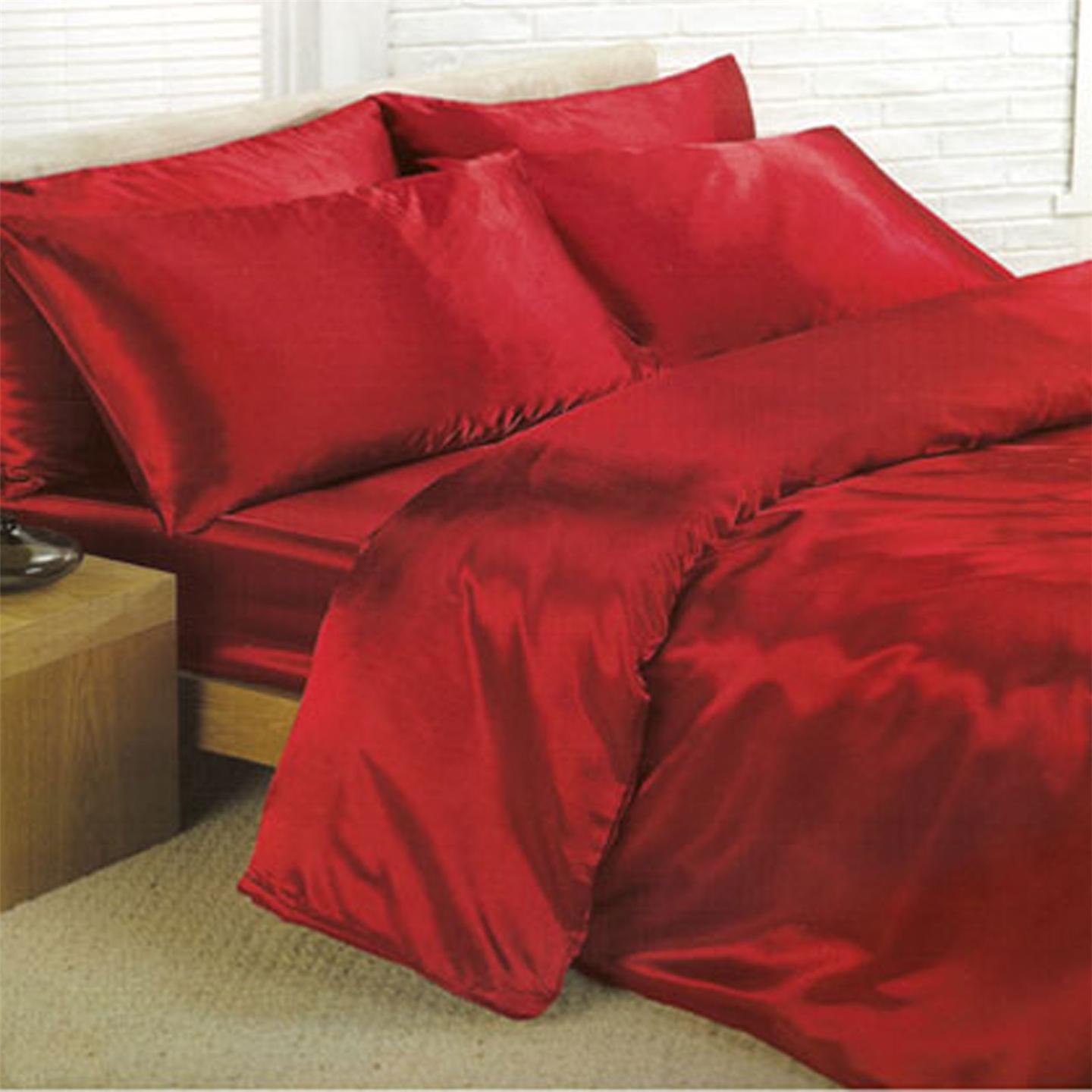 Red Satin Double Duvet Cover Sheets Set New F