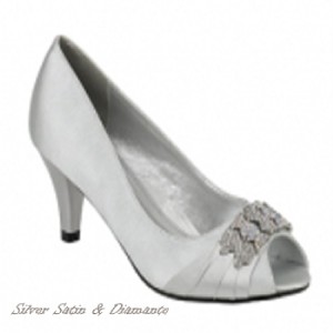 Silver Shoes  Wedding  Heel on Ladies Silver Satin Diamante Evening Wedding Peep Toe Low Heel Shoes