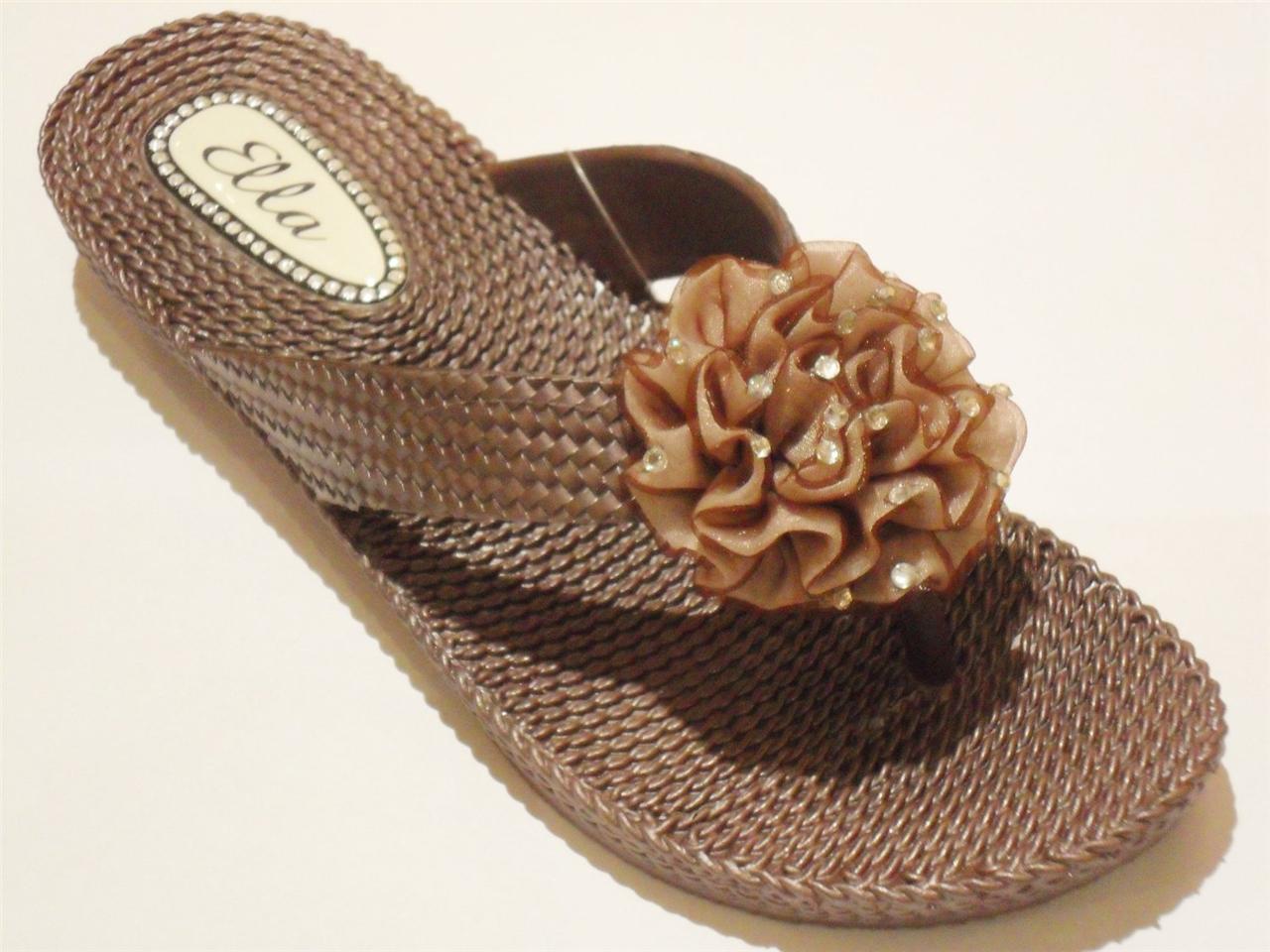WOMENS LADIES WEDGE DESIGN DIAMANTE FLOWER FLIP FLOPS TOE POST MULES ALL SIZES | eBay