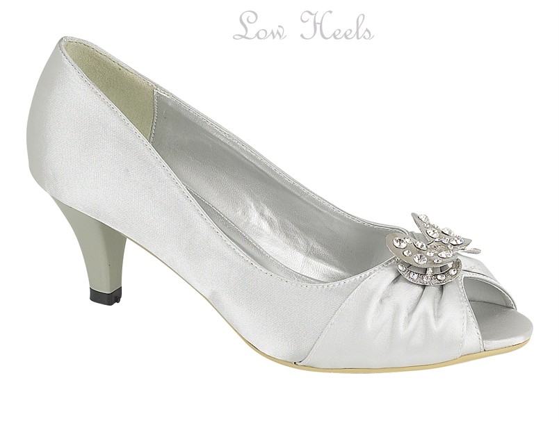 silver satin wedding shoes low heel