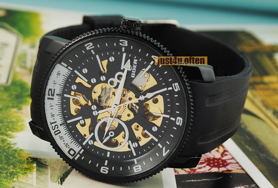 Fashion Army Black Silicon Mens Automatic Wrist Watch Skeleton Dial