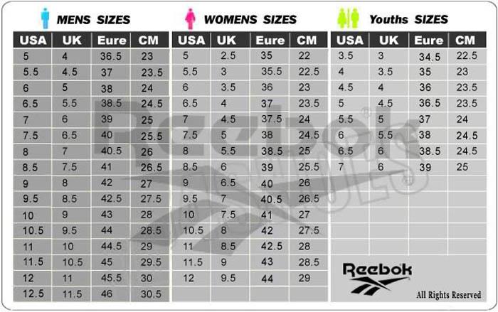reebok shoes size chart cm