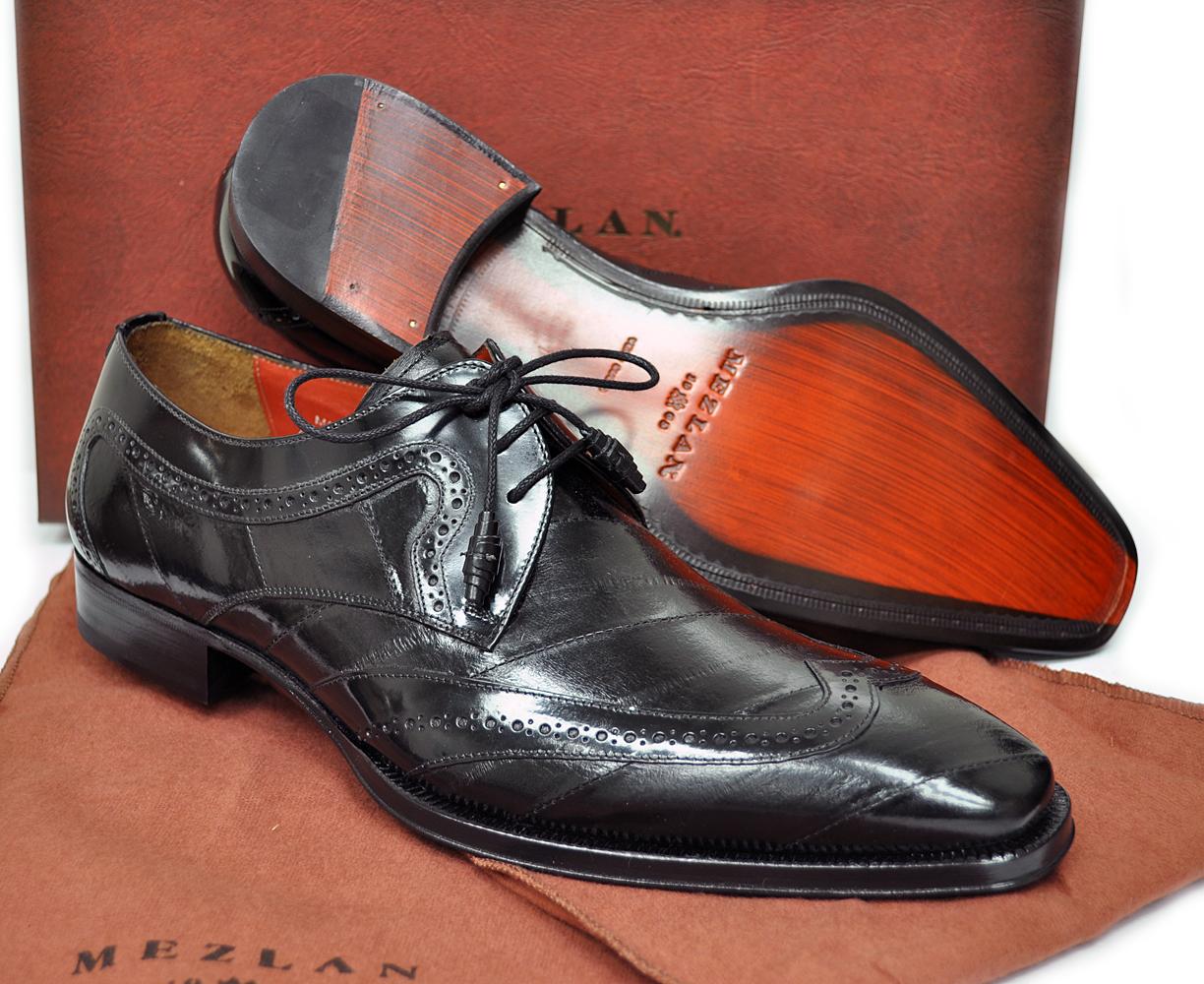 NEW Mezlan Mens Shoes Young EEl Skin Wing Tip Black $525 70% OFF | eBay