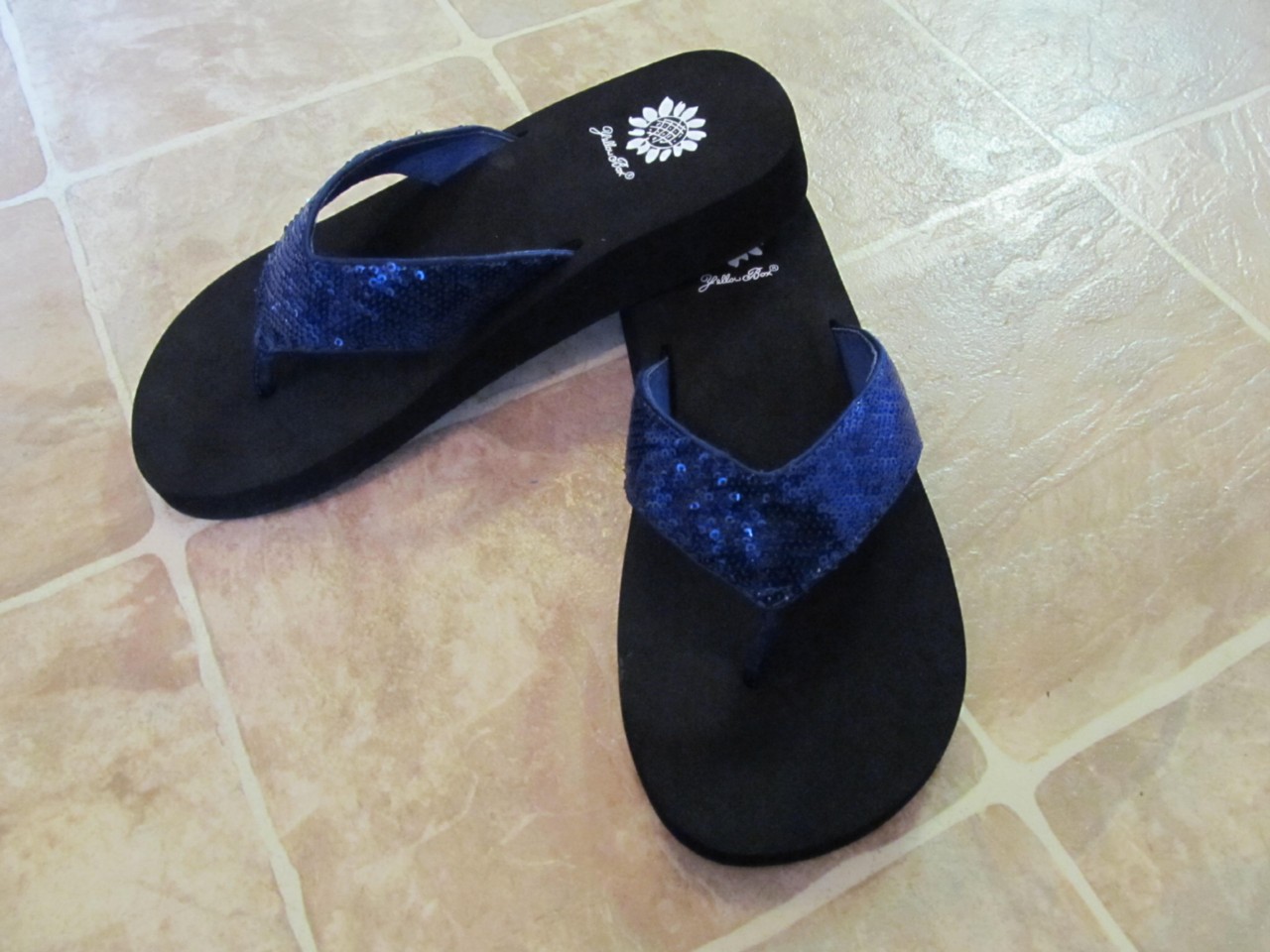 NEW YELLOW BOX CHAMOMILE ROYAL BLUE SEQUIN FLIP FLOPS NIB eBay