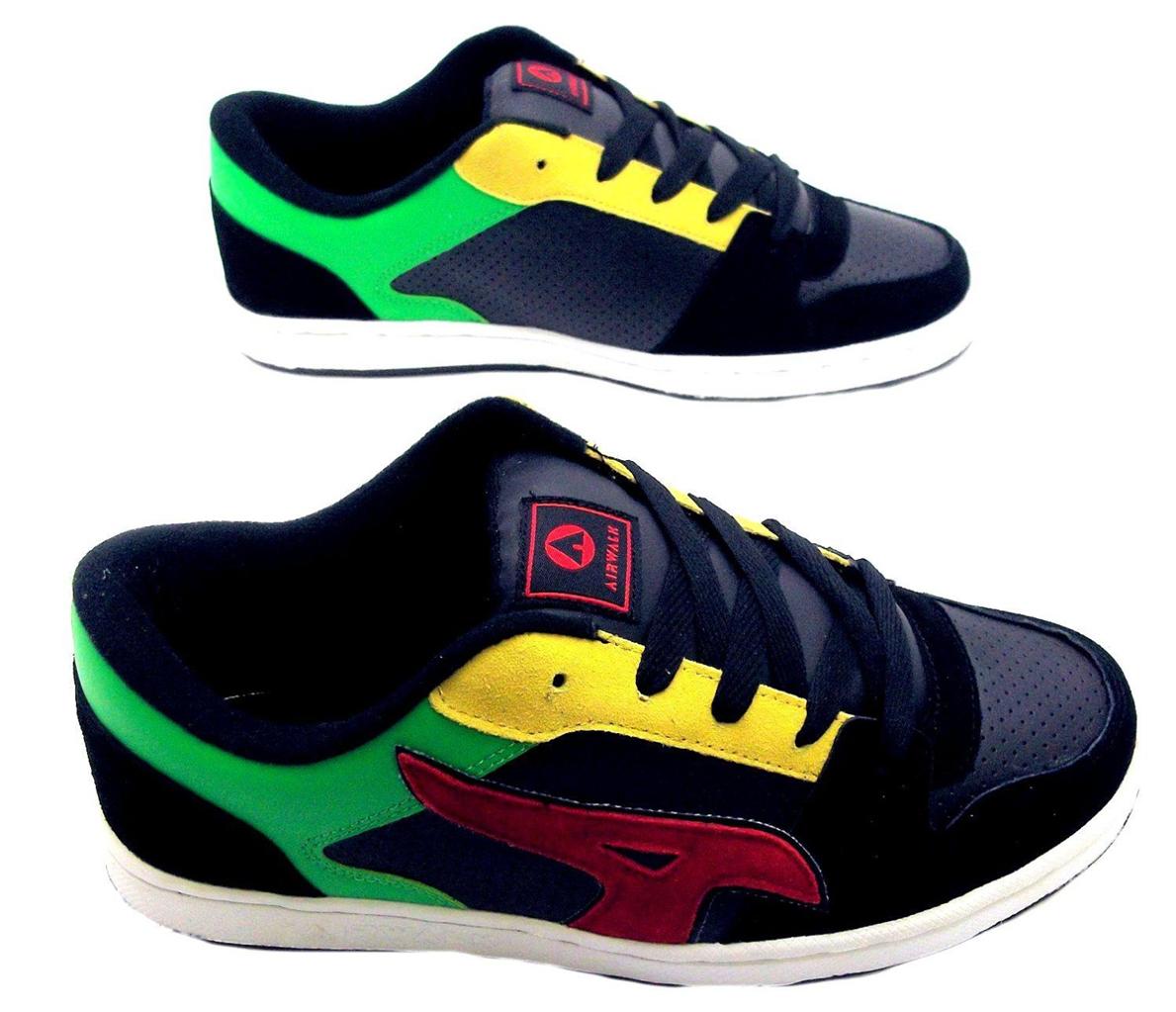 AIRWALK MENS REFLEX TRAINERS SKATE SHOE LACE UP SUEDE BLACK/RED/GREEN 7
