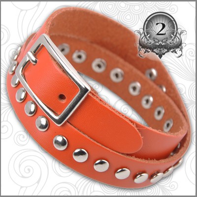 SW472-Orange-Round-Studs-Unisex-Cuff-Bracelet-Wristband-Buckle-Genuine-Leather