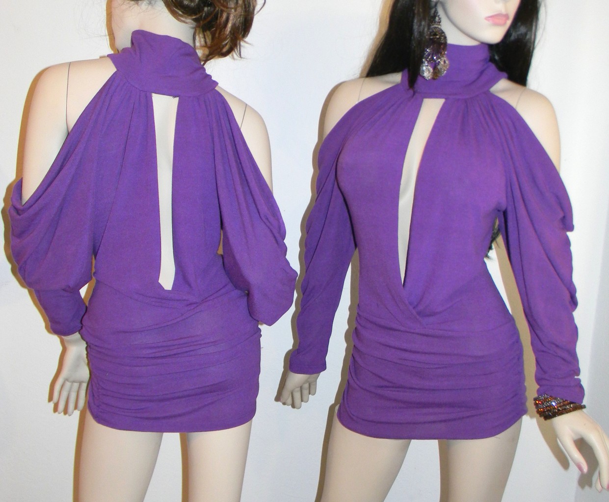 Purple Sexy Goth Low Cleavage Clubwear Cold Shoulder Busty Sweater Top