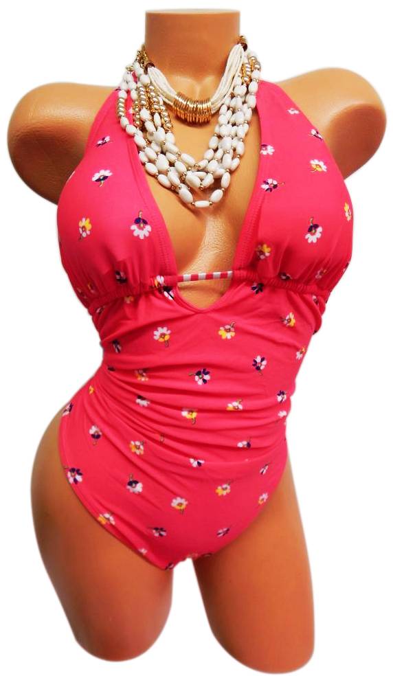 OLD NAVY SWIMWEAR PINK FLORAL PADDED BUST HALTER ONE PIECE BATHING SUIT 