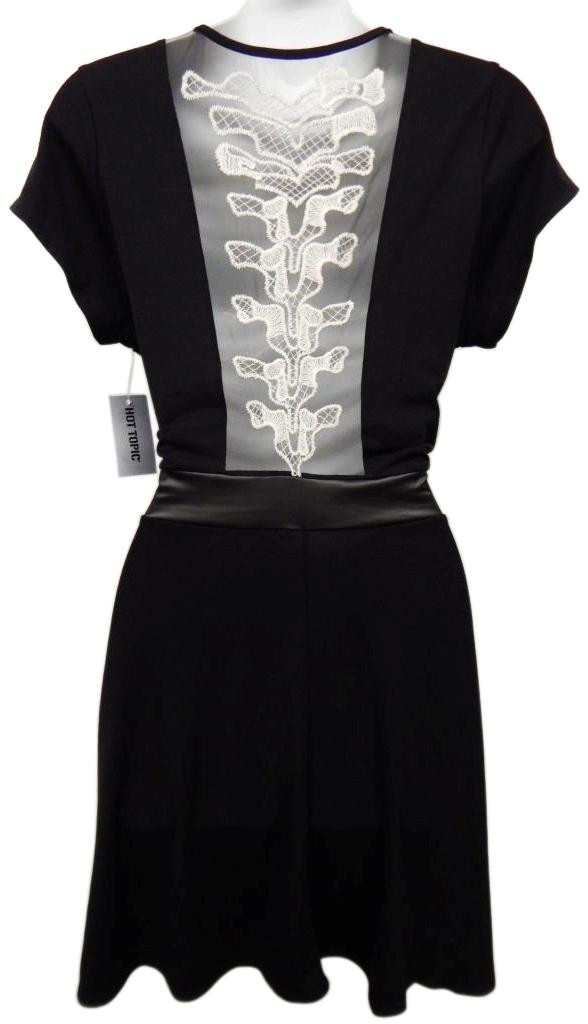 HOT TOPIC SEXY BLACK GOTH SKULL SPINE FAUX LEATHER TRIM STRETCH DRESS