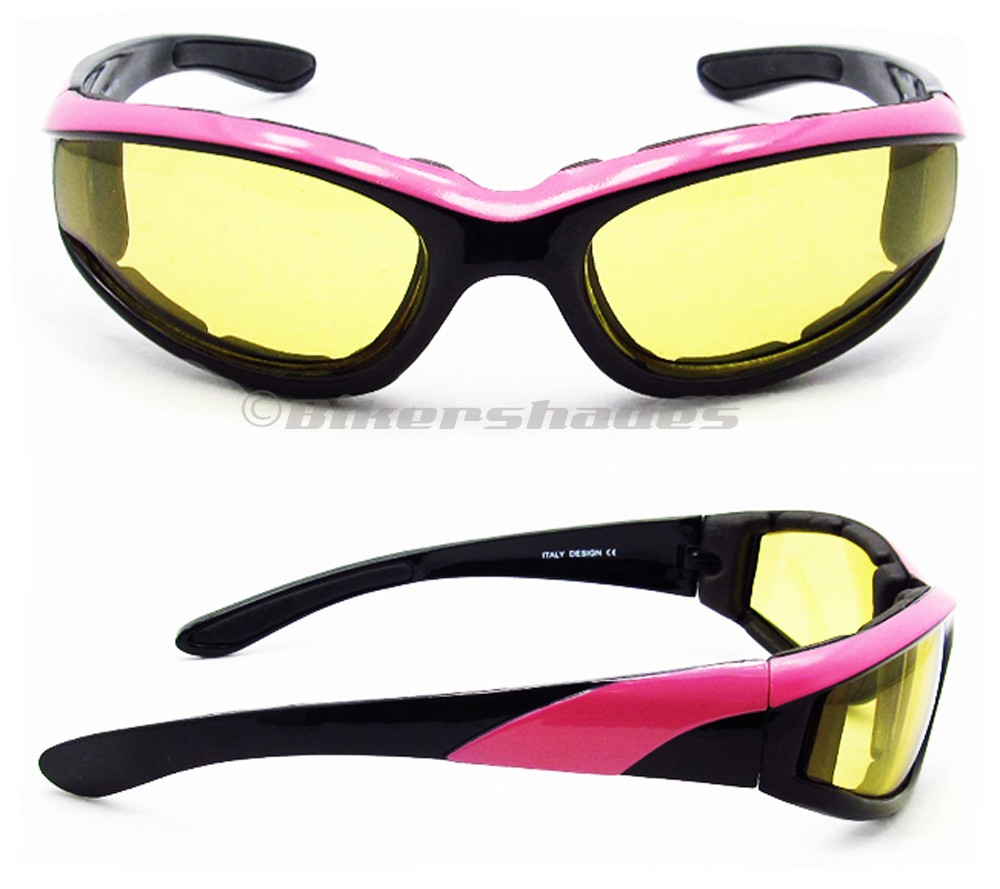 Womens Padded Motorcycle YELLOW Lens Day Night Riding Glasses
