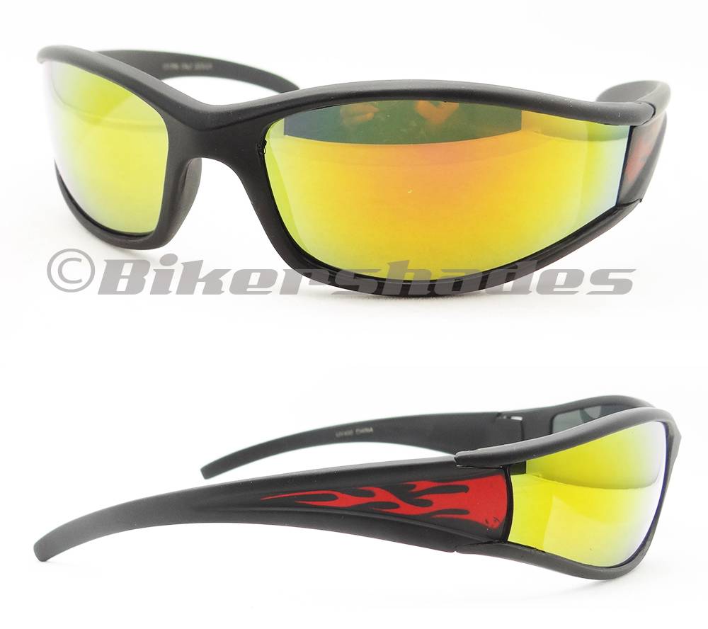 Wraparound Motorcycle Sunglasses Mirrored Lens Flame Design Temples