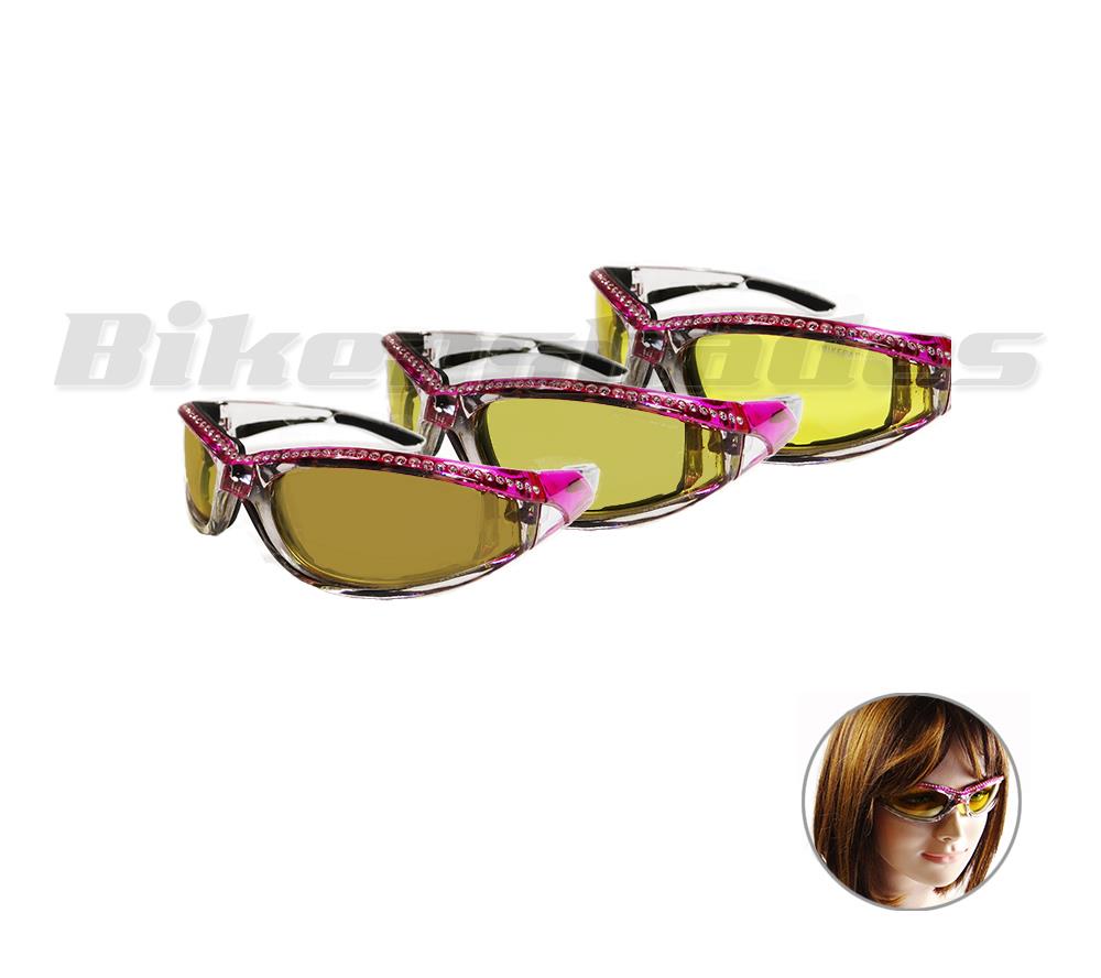Transition Motorcycle Sunglasses Chrome Pink Rhinestones Photochromic