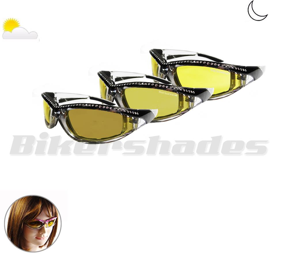 Transition Motorcycle Sunglasses Chrome Pink Rhinestones Photochromic