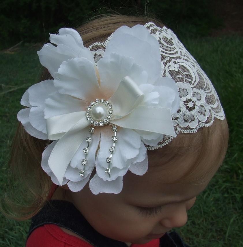 Baby Girls Lace Headband Peony Flower White Ivory Headwrap
